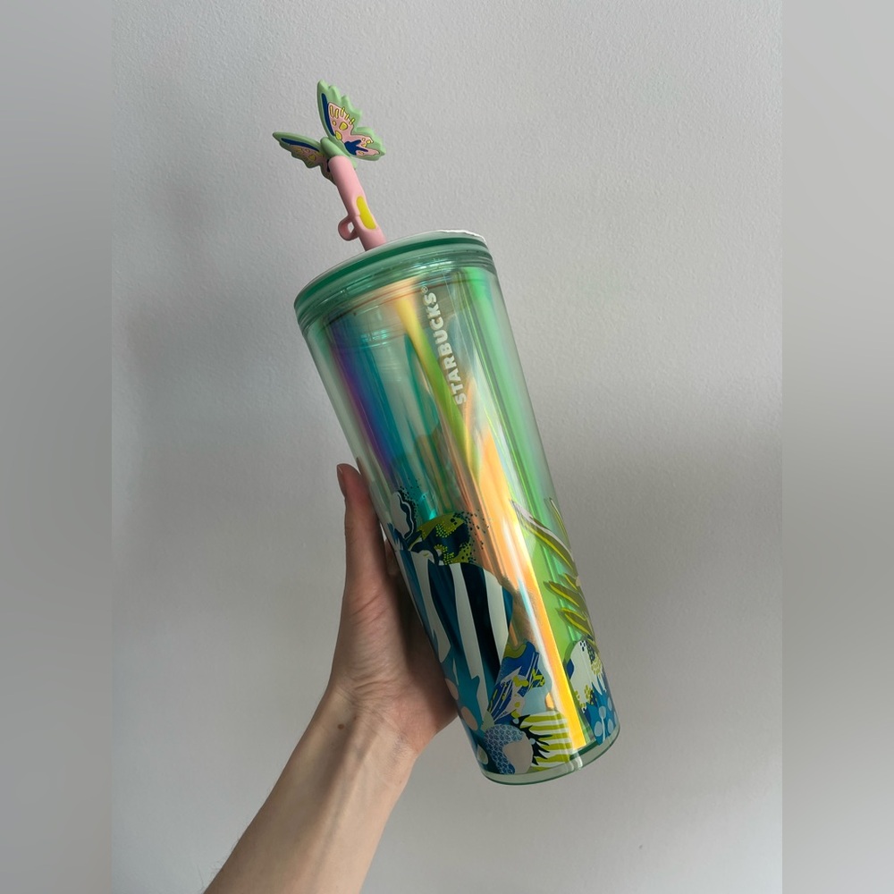 Starbucks Butterfly Canna Lily Straw Topper Iridescent Tumbler New - Picture 3 of 5